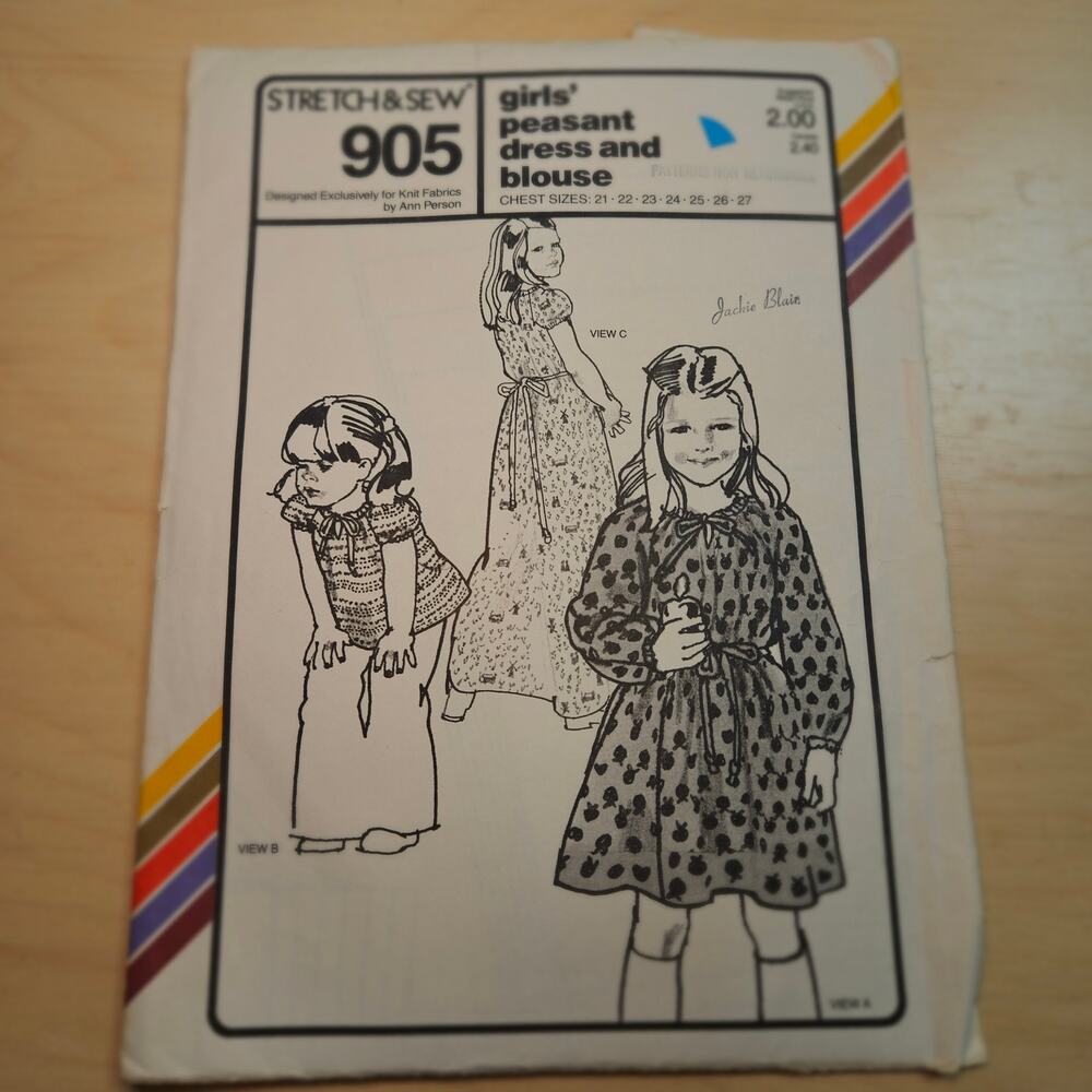 1979 Vintage 905 Girl's Peasant Dress & Blouse Stretch and Sew Chest Size 21-27